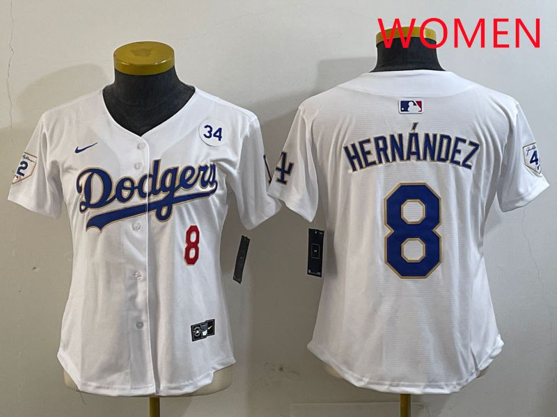 Women Los Angeles Dodgers #8 Hernandez White Gold Game 2025 Nike MLB Jersey style 3